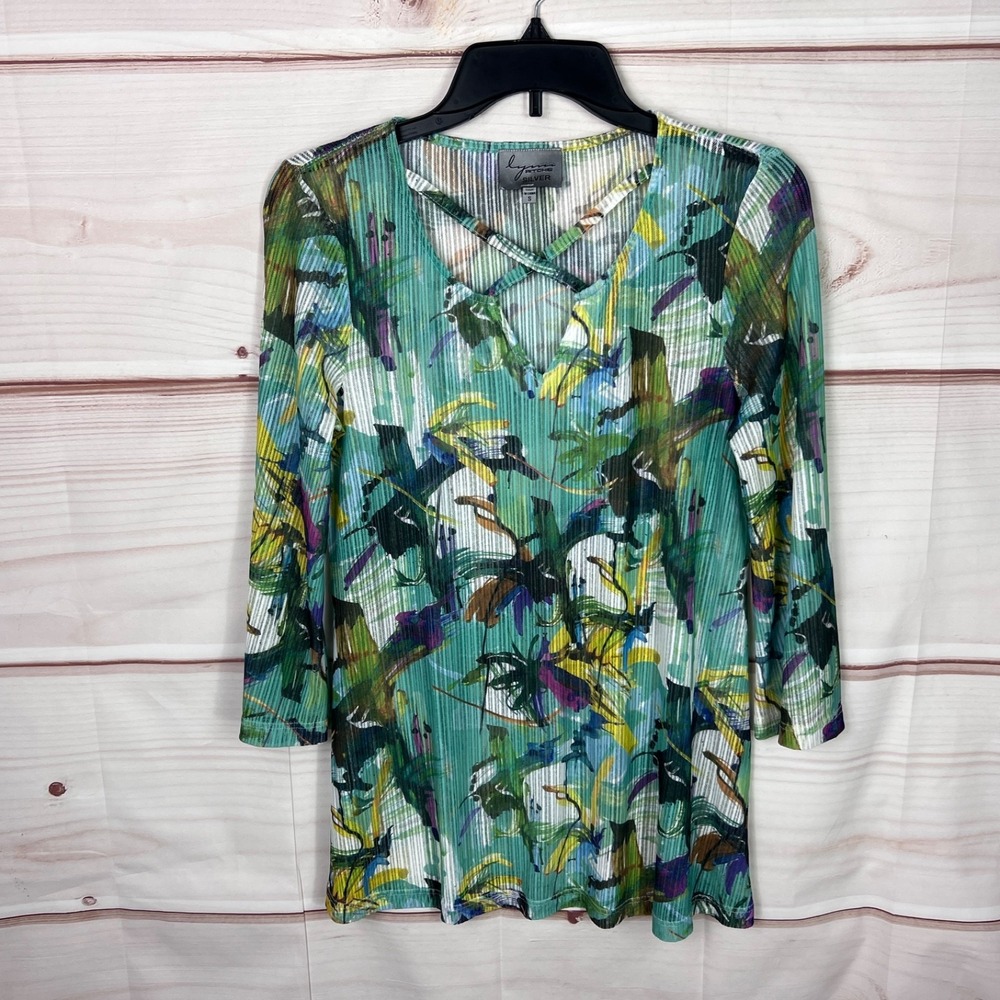 Lynn Silver Ritchie Top Womens S Green Floral Blouse 3/4 Sleeve Knit Sheer Woven